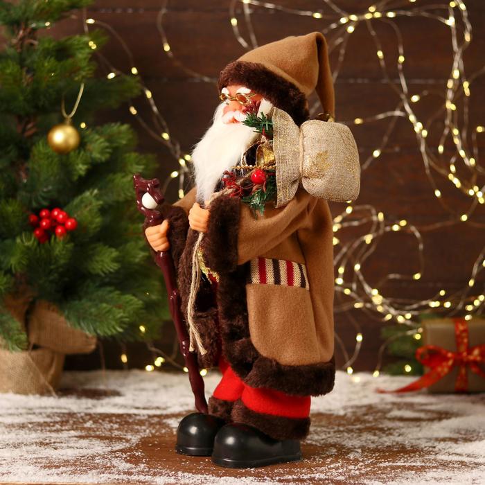 

Дед Мороз "В коричневой шубке, с посохом" двигается, 20х40 см