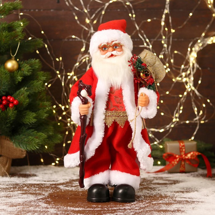 Дед Мороз В красном костюмчике с орнаментом, с посохом двигается, 20х40 см дед мороз в красном костюмчике с орнаментом с посохом двигается 20х50 см