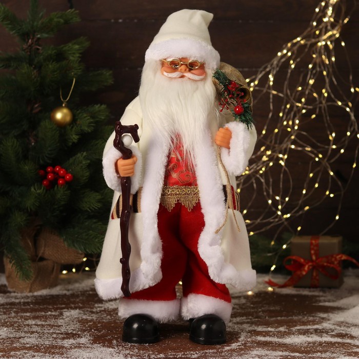 Дед Мороз В белом костюмчике с орнаментом, с посохом двигается, 20х50 см фигура дед мороз с посохом 34см