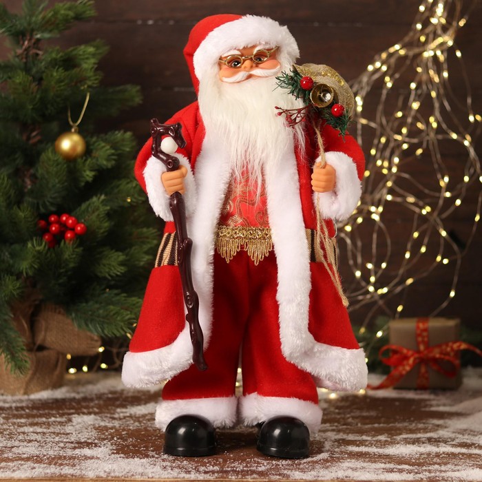 Дед Мороз В красном костюмчике с орнаментом, с посохом двигается, 50 см