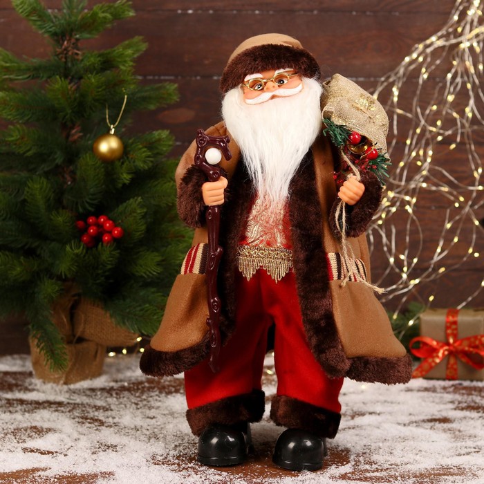 Дед Мороз В коричневой шубке, с посохом двигается, 20х50 см новогодние украшения maxitoys дед мороз в длинной серебряной шубке с посохом и подарками 60 см