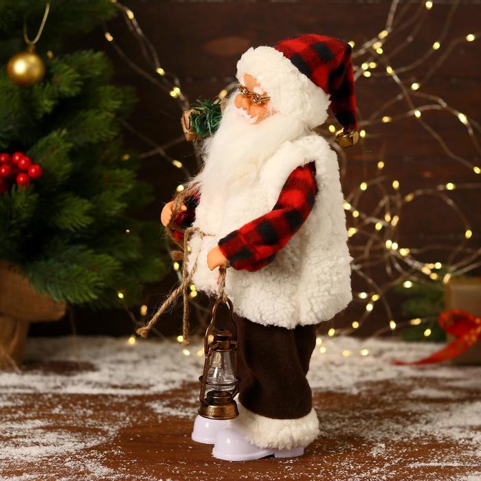 Дед Мороз "В клетчатом тулупе, с фонариком" двигается, ботинки светятся, 17х35 см