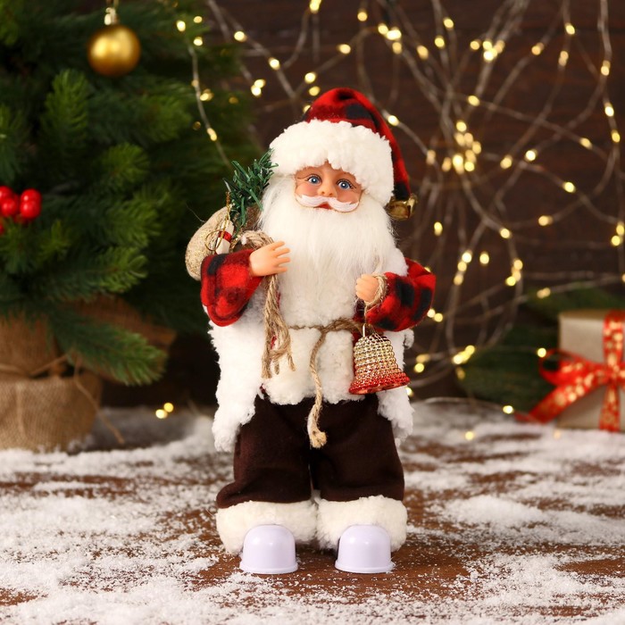 Дед Мороз В клетчатом тулупе, с колокольчиком двигается, ботинки светятся, 13х28 см