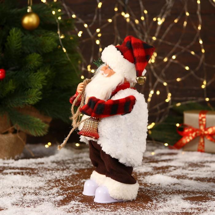 фото Дед мороз "в клетчатом тулупе, с колокольчиком" двигается, ботинки светятся, 13х28 см зимнее волшебство