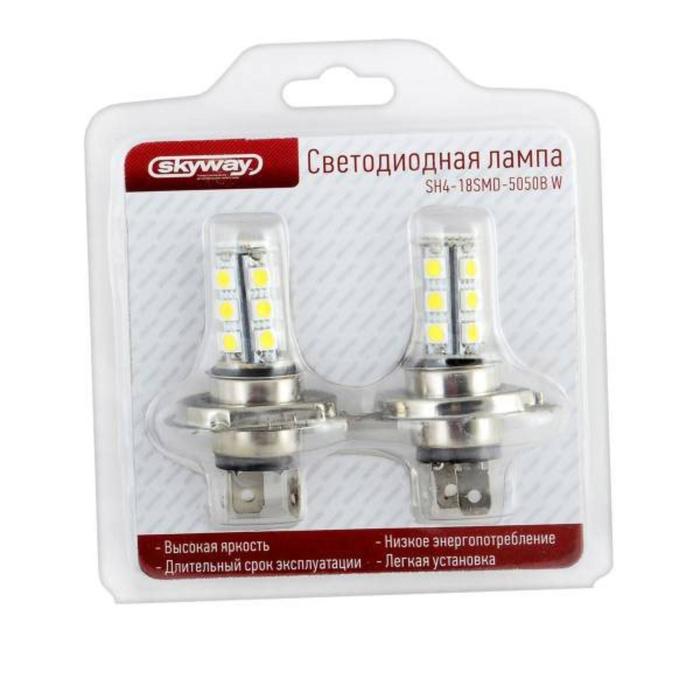 фото Лампа светодиодная h4, 12v, 18 smd, 2-контактная, белая, skyway, набор 2шт, s08201016