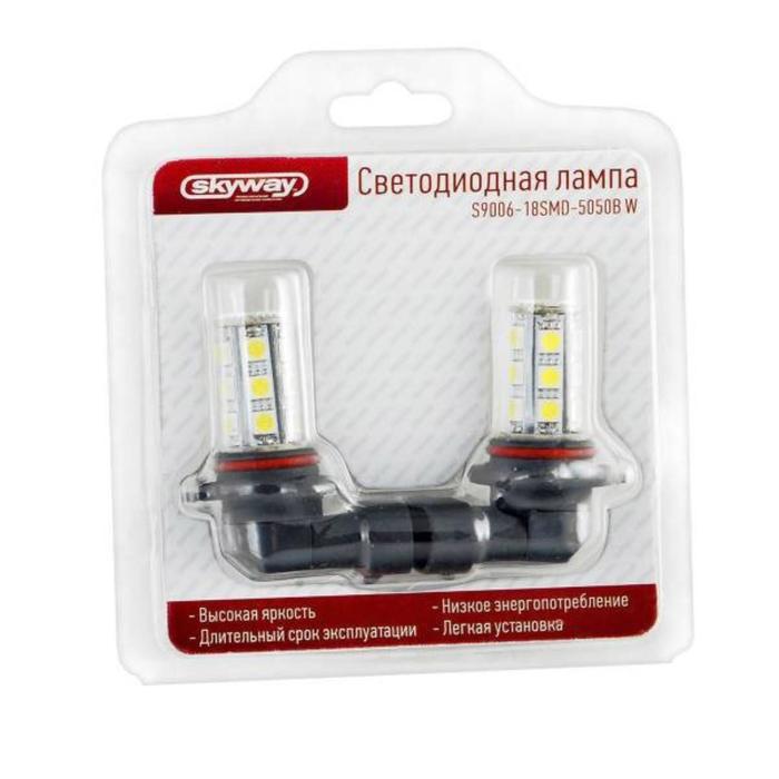 

Лампа светодиодная HB4/9006, 12V, 18 SMD, 1-контактная, белая, SKYWAY, набор 2шт, S08201028