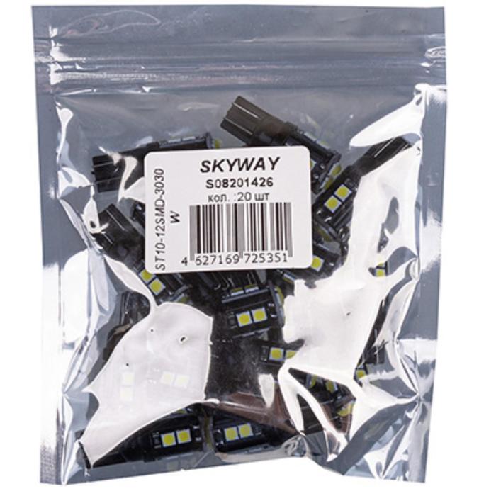 

Лампа светодиодная T10 (W5W), 12V, 12 SMD диодов, 1-конт, белая, SKYWAY, S08201426