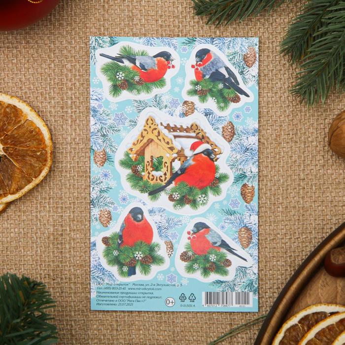 

Наклейки "Новогодние" снегирь, шишки, 9,8x15,9 см