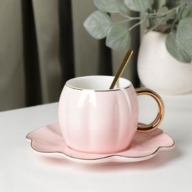 Чайная пара с ложкой «Цветок», 240 мл, чашка 11×8×7 см, блюдце d=16 см, цвет розовый