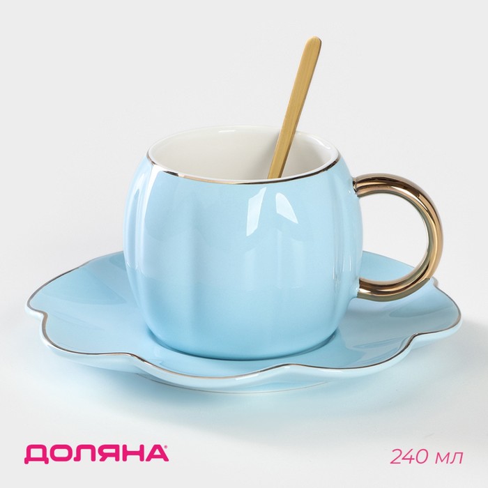 Чайная пара керамическая «Цветок», 3 предмета: чашка 240 мл, блюдце d=16 см, ложка, цвет голубой пара чайная чашка блюдце 240 мл tudor tu9999 3