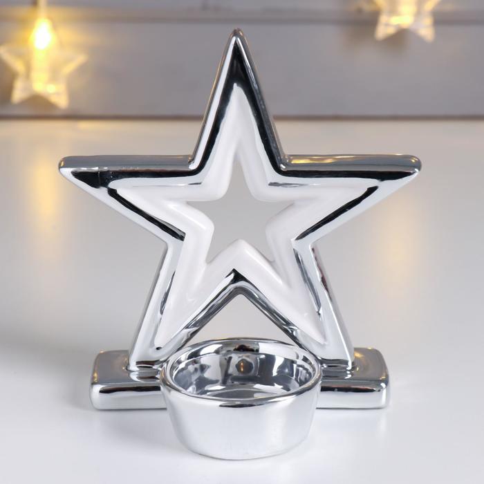 Сувенир керамика подсвечник "Двойная звезда" серебро 12,8х7,8х12,3 см