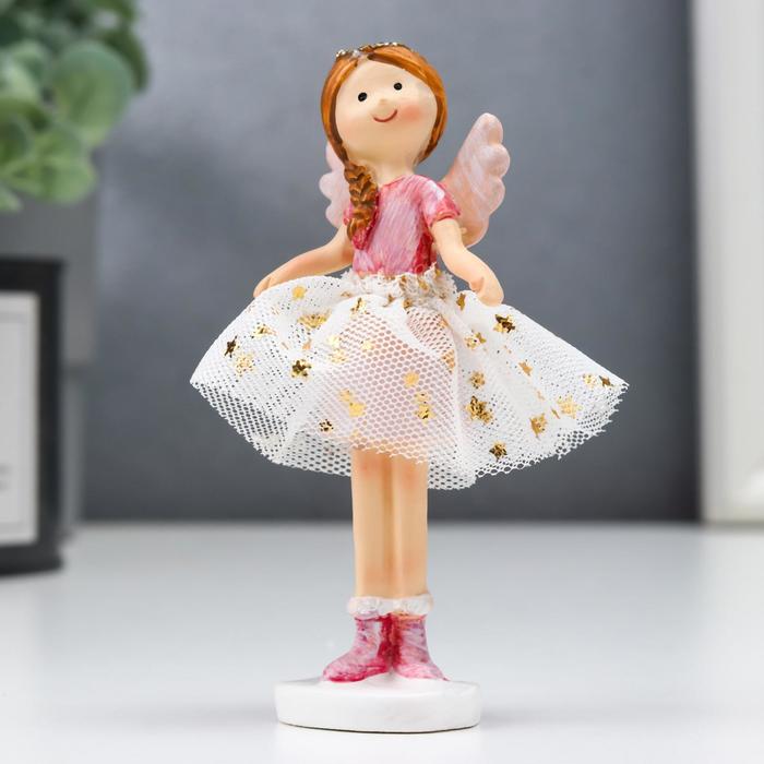 Сувенир полистоун Ангел-малышка с косой, в белой юбочке со звёздами розовый 10х3х5 см