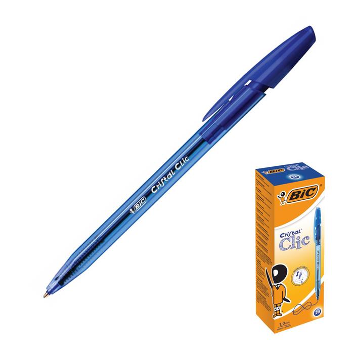 Ручка шариковая автоматическая, чернила синие, 1.0 мм, среднее письмо, BIC Cristal Clic