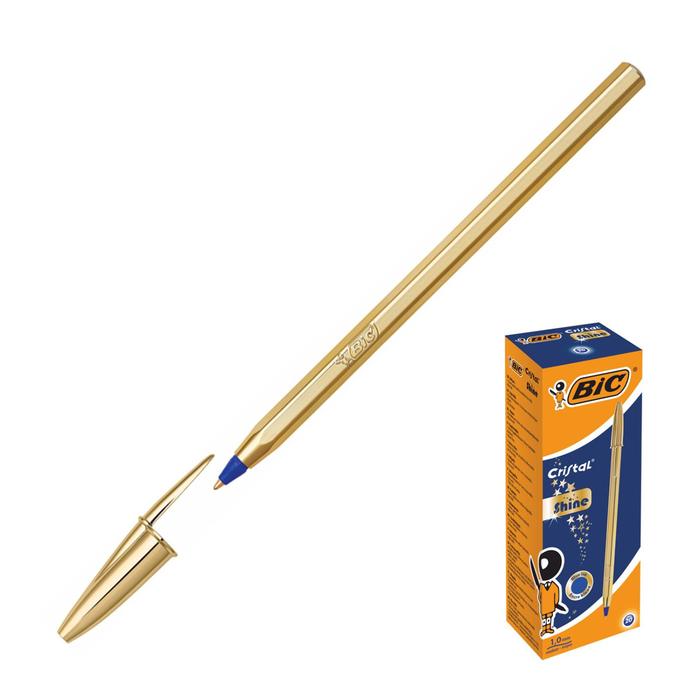 Ручка шариковая чернила синие, 1.0 мм, среднее письмо, золотой корпус, BIC Cristal Gold