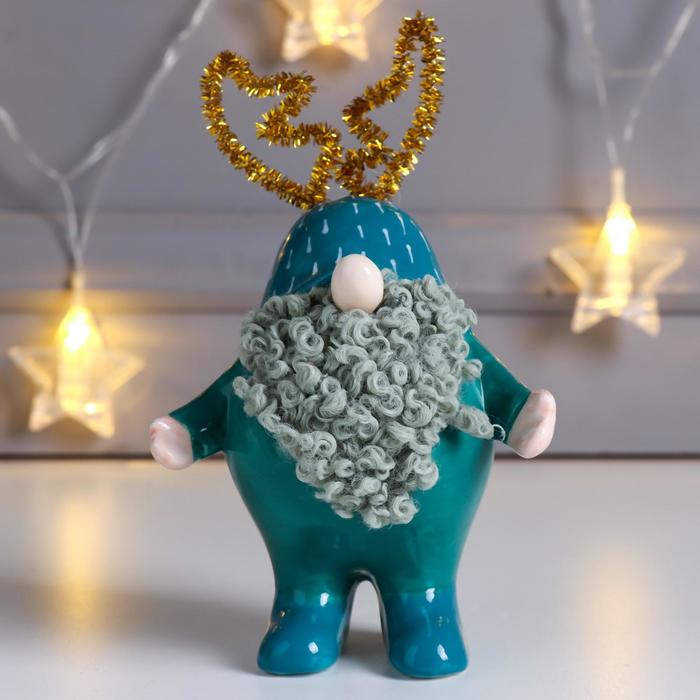 Сувенир керамика Дед Мороз, кудрявая борода, колпак с рожками зелёный 14,8х6,8х9,6 см сувенир керамика дед мороз кафтан в горох чёрный колпак золотая звезда 15х11х9 5 см