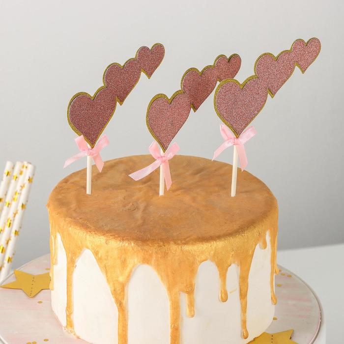 Набор топперов для торта «Сердечки», 3 шт, 20×13 см, цвет розовый набор топперов для торта доляна цифры 10 шт 8×3 см цвет золотой