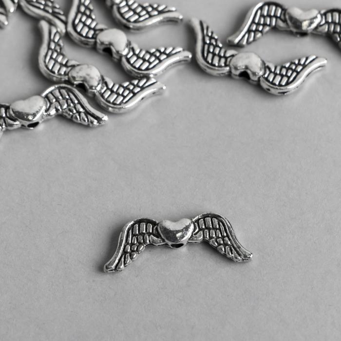фото Бусина для творчества металл "сердечко с крыльями" серебро 2806 0,6х2 см арт узор