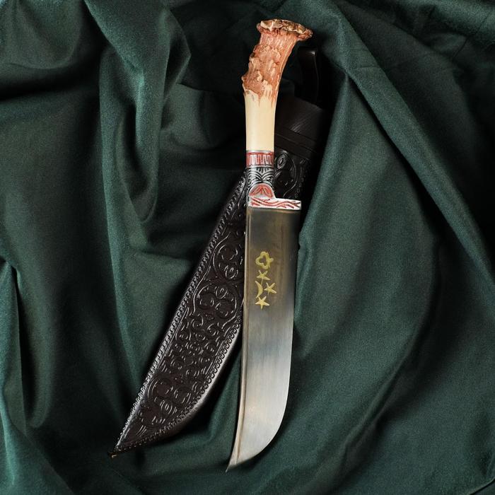 Нож Пчак Шархон Рог косули - пластик, сухма, витая рукоять, гарда олово, гравировка, 15 см пчак большой косуля сталь у8 рог сухма гравировка