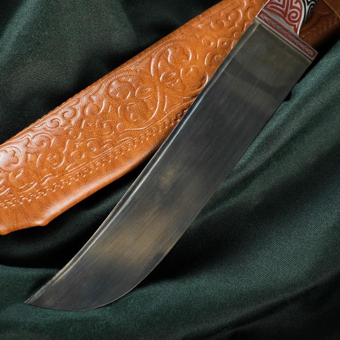 Нож Пчак Шархон - кость, ёрма сапожок "Мехенди" гарда олово, гравировка с садафом, 17 см