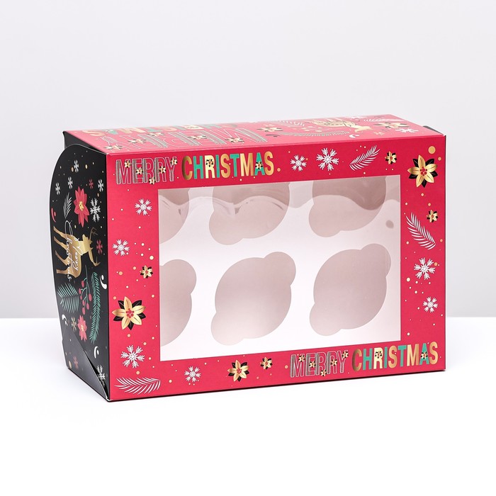 Упаковка на 6 капкейков с окном Merry Christmas, 25 х 17 х 10 см