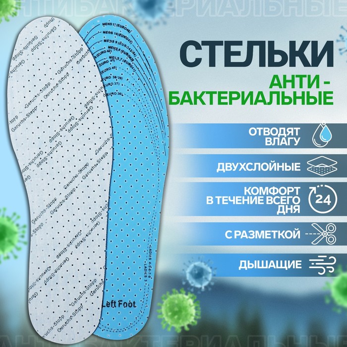 фото Стельки для обуви, универсальные, дышащие, с антибактериальным покрытием, 36-46 р-р, пара, цвет голубой onlitop