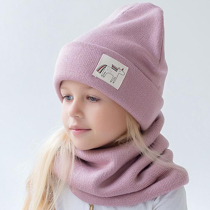 фото Зимняя вязаная шапка для девочки, цвет пудра, размер 46-50 hoh loon