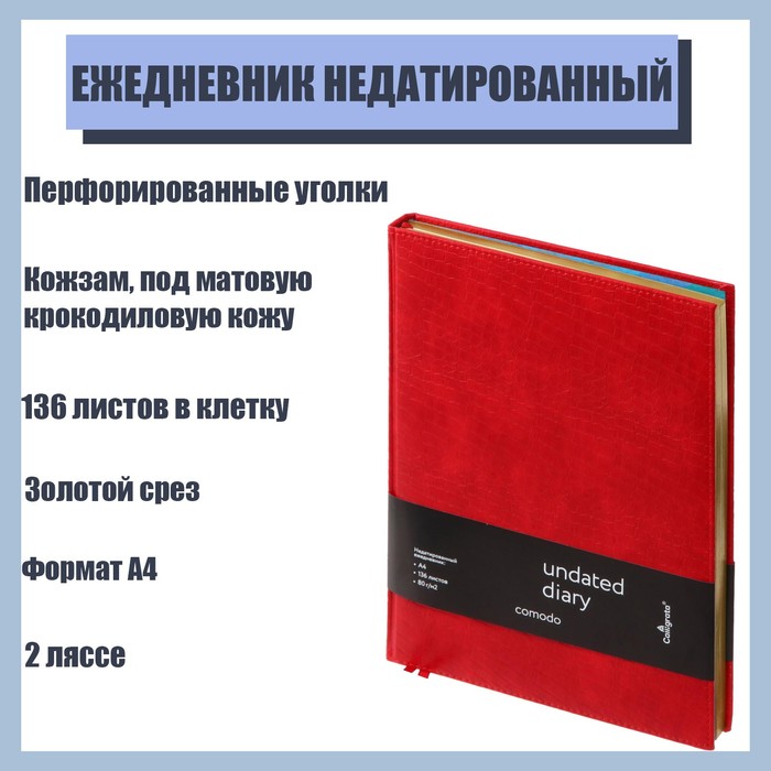 

Ежедневник недатированный Comodo A4, 136 листов в клетку, кожзам, под матовую крокодиловую кожу, 2 ляссе, золотой срез, перфорированные уголки