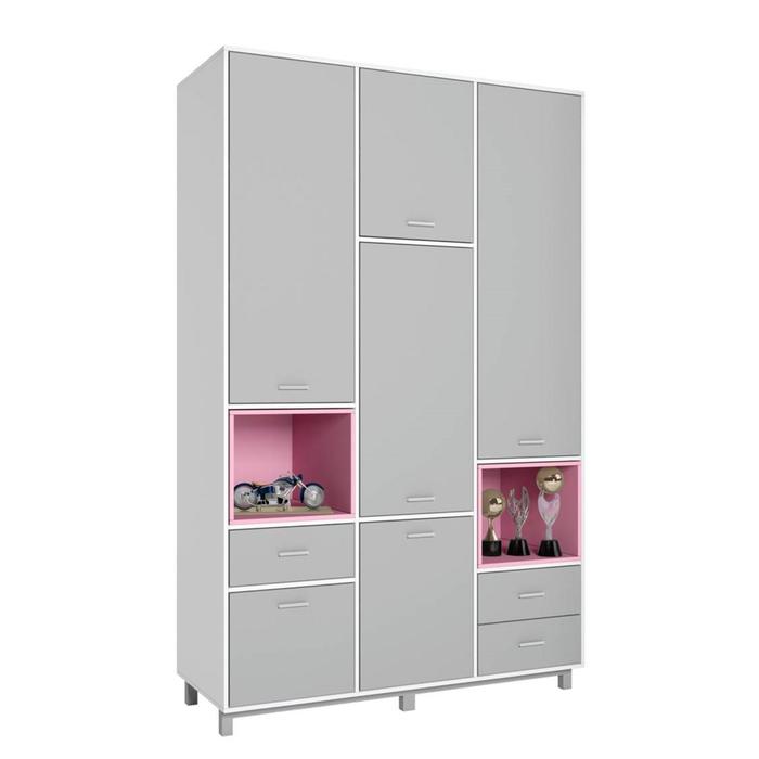 Шкаф трехсекционный Polini kids Mirum 2335, цвет белый-серый/розовый