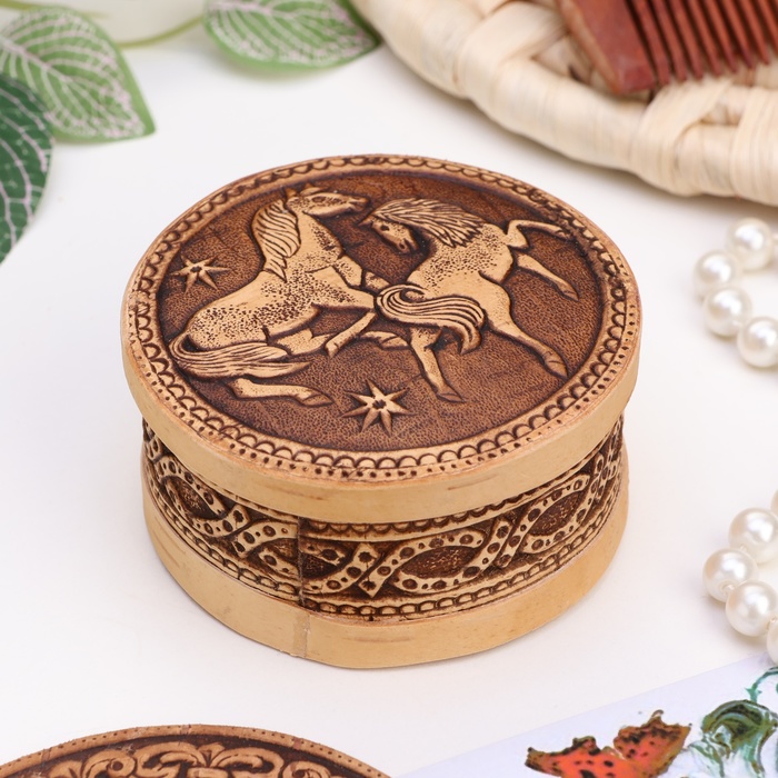 

Шкатулка "Лошадки", круглая, береста, микс