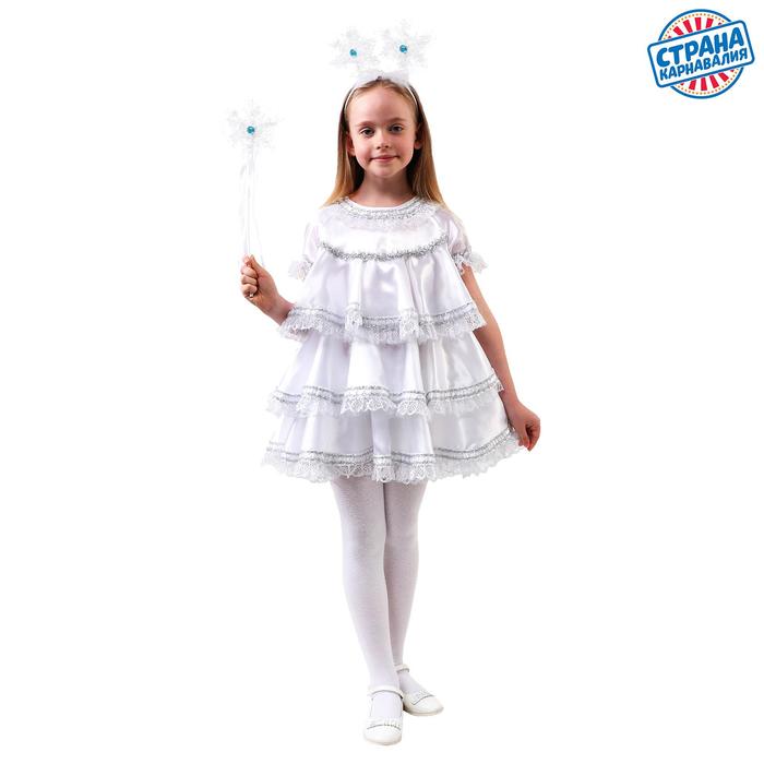 фото Карнавальный костюм «снежинка с воланами», атлас белый, платье, ободок, рост 98-104 см страна карнавалия