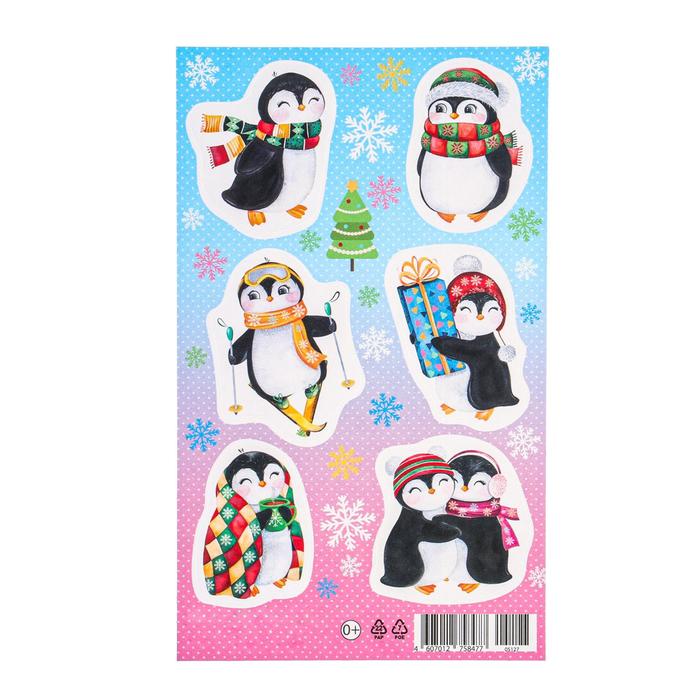 Наклейки Новогодние пингвины, снежинки
