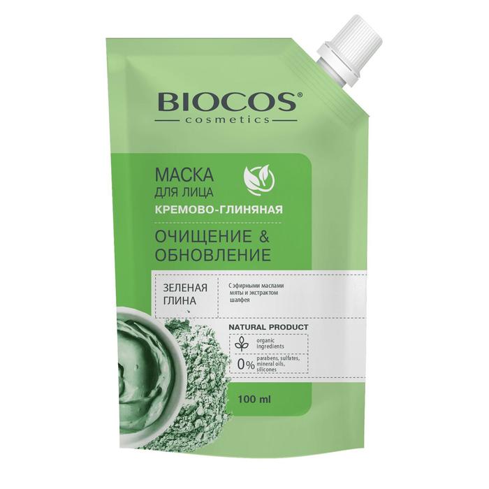 Маска для лица BioCos на основе зеленой глины, Очищение и Обновление в дойпаке, 100 мл маска для лица на основе голубой глины лифтинг и ревитализация в дойпаке 100мл biocos арт 849193