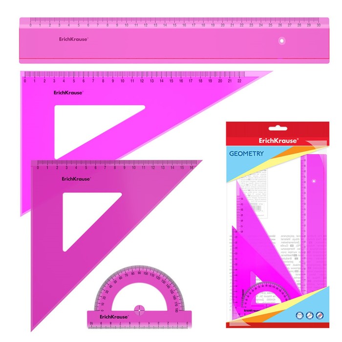 фото Набор геометрический erichkrause neon, пластиковый, большой (линейка, 2 угольника, транспортир), розовый, в флоупаке