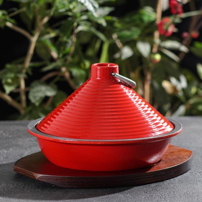 сковорода тажин чугунная 28×20 см эмалированное покрытие цвет красный Сковорода-тажин чугунная с доской для подачи, 23,5×16 см, цвет красный
