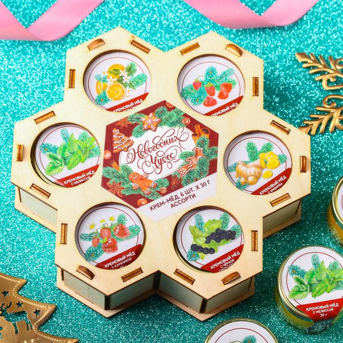 фото Подарочный набор крем-мёда «новогодних чудес» в деревянной коробке-сотах , 30 г. x 6 шт. фабрика счастья
