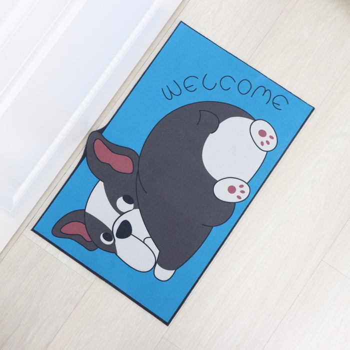 фото Коврик влаговпитывающий придверный доляна «бульдог», без окантовки, 39×59 см, цвет синий