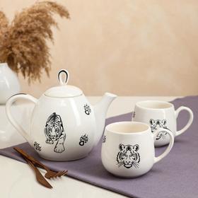 

Чайный набор "Петелька", 3 предмета,символ года 2022, тигр, монохром, белая, керамика, 1.1/0.38 л