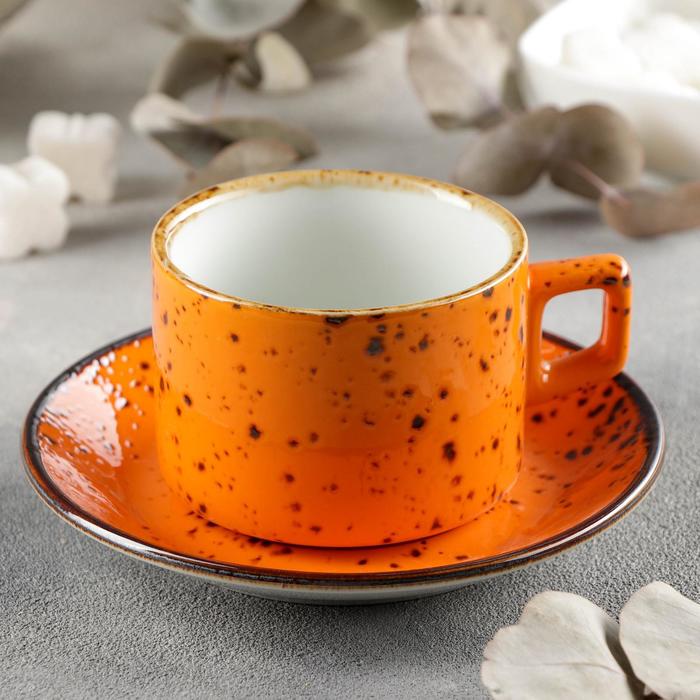 Кофейная пара керамическая «Созвездие», чашка 200 мл, блюдце d=14 см, цвет оранжевый
