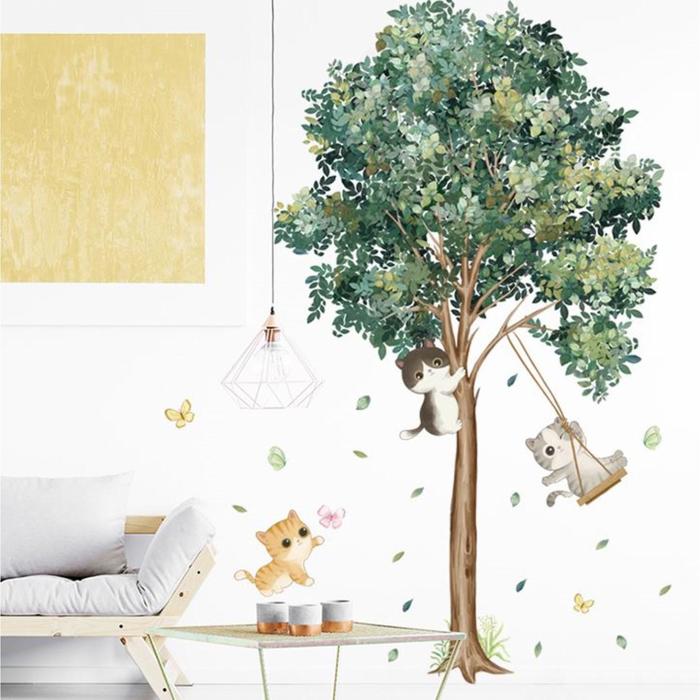 Наклейка пластик интерьерная цветная Котята и дерево 30х90 см набор 2 листа