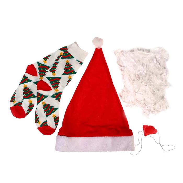 карнавальный набор весёлый дед мороз борода носки нос шапка страна карнавалия Новогодний карнавальный набор «Весёлый Дед Мороз», (борода+ носки+ нос+ шапка), на новый год