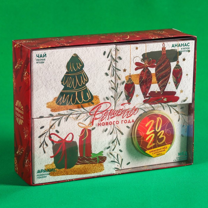 фото Подарочный набор «волшебство нового года»: чай 50 г., арахис 100 г., ананас в шоколаде 100 г., крем-мед 120 г. фабрика счастья
