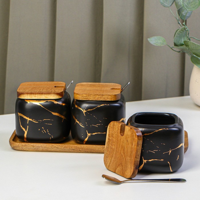 фото Набор банок керамических с ложками на деревянной подставке «эстет. gold», 3 предмета: 400 мл, цвет чёрный