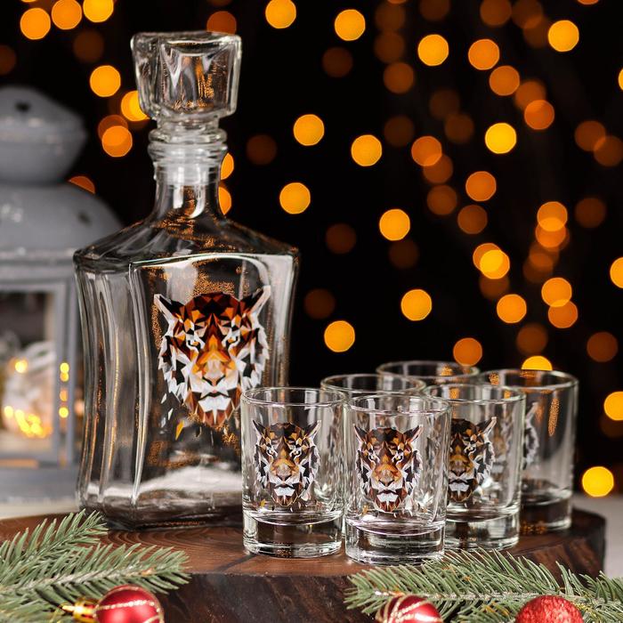 фото Набор питьевой animals «тигр», 7 предметов: графин 500 мл, стопка 6×50 мл, в чемоданчике gidglass