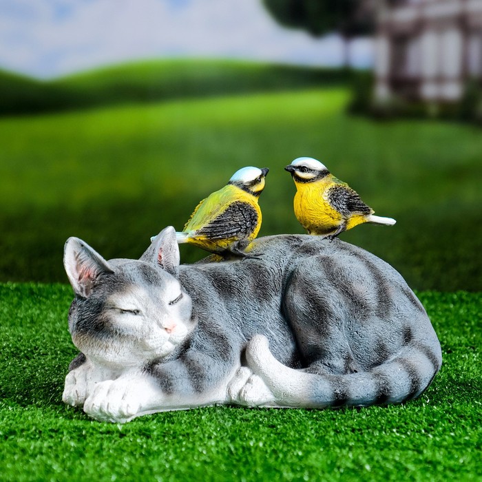 Садовая фигура Кошка лежащая с птичками 17х27х17см фигура садовая кашпо пень с птичками 17см полистоун