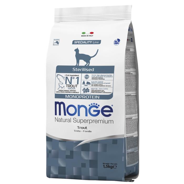 

Сухой корм Monge Cat Speciality Line Monoprotein Sterilised для кошек, форель, 1,5 кг