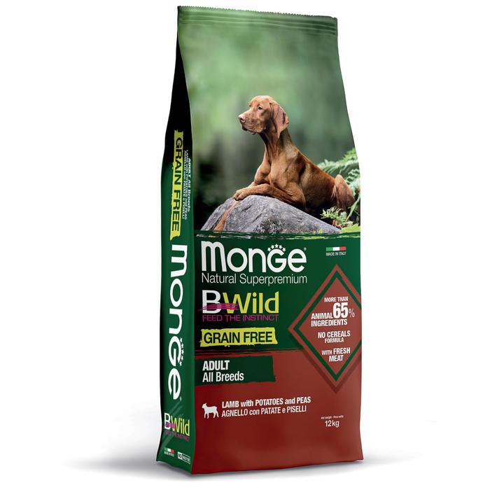 Беззерновой корм Monge Dog BWild GRAIN FREE для собак, ягненок/картофель/горох, 12 кг