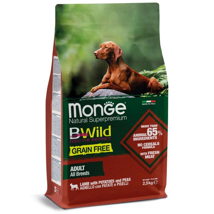 

Беззерновой корм Monge Dog BWild GRAIN FREE для собак, ягненок/картофель, 2,5 кг