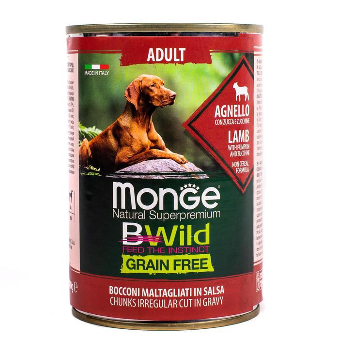 фото Влажный корм monge dog bwild grain free для взрослых собак, ягненок/тыква/кабачки, 400 г