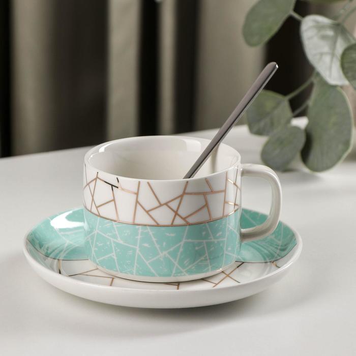 Кофейная пара керамическая с ложкой «Штрихи», 2 предмета: чашка 240 мл, блюдце d=15,5 см, цвет бирюзовый