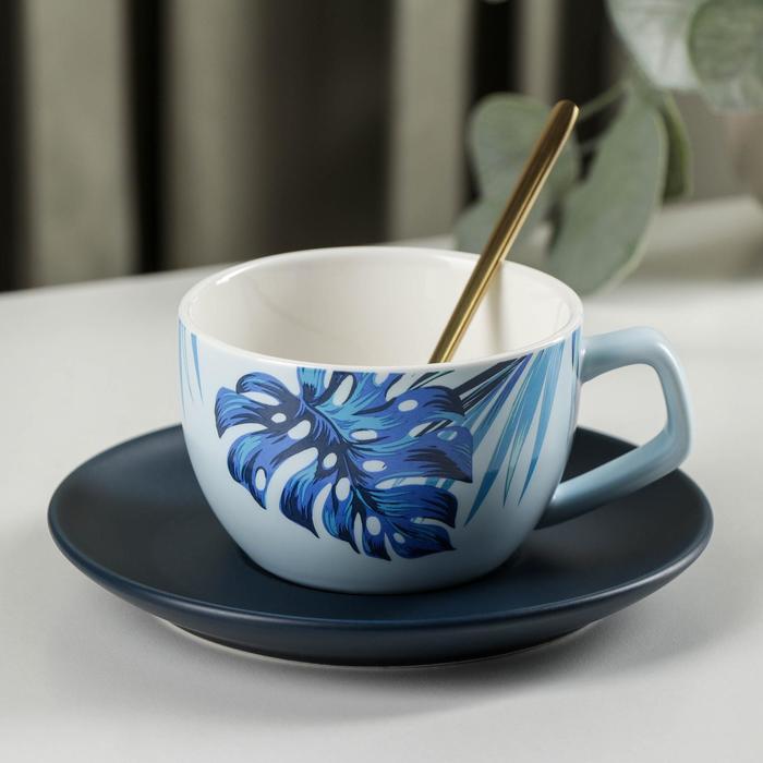 Чайная пара керамическая с ложкой «Ариэль», 2 предмета: чашка 250 мл, блюдце чайная пара кракле с золотом чашка 250 мл блюдце ложка цвет синий